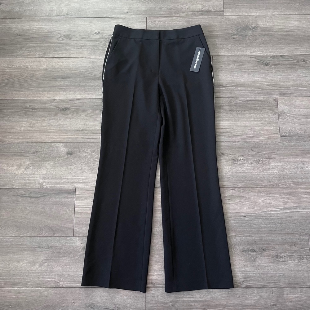 Karl Lagerfeld Paris Women Black Rhinestone Trim Wide Leg Dress Pants Size 8 NEW